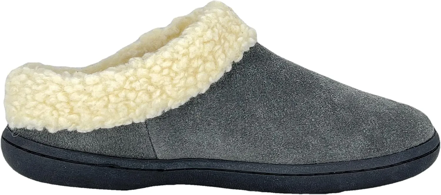 Clarks Womens Slipper Suede Leather With Faux Sherpa Collar JMH1894 - Plush Memory Foam Footbed - Indoor Outdoor House Slippers For Women