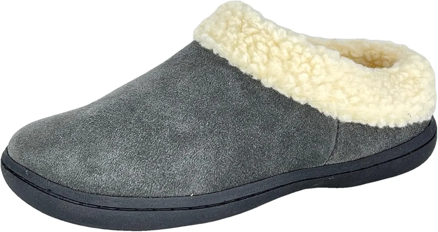 Clarks Womens Slipper Suede Leather With Faux Sherpa Collar JMH1894 - Plush Memory Foam Footbed - Indoor Outdoor House Slippers For Women