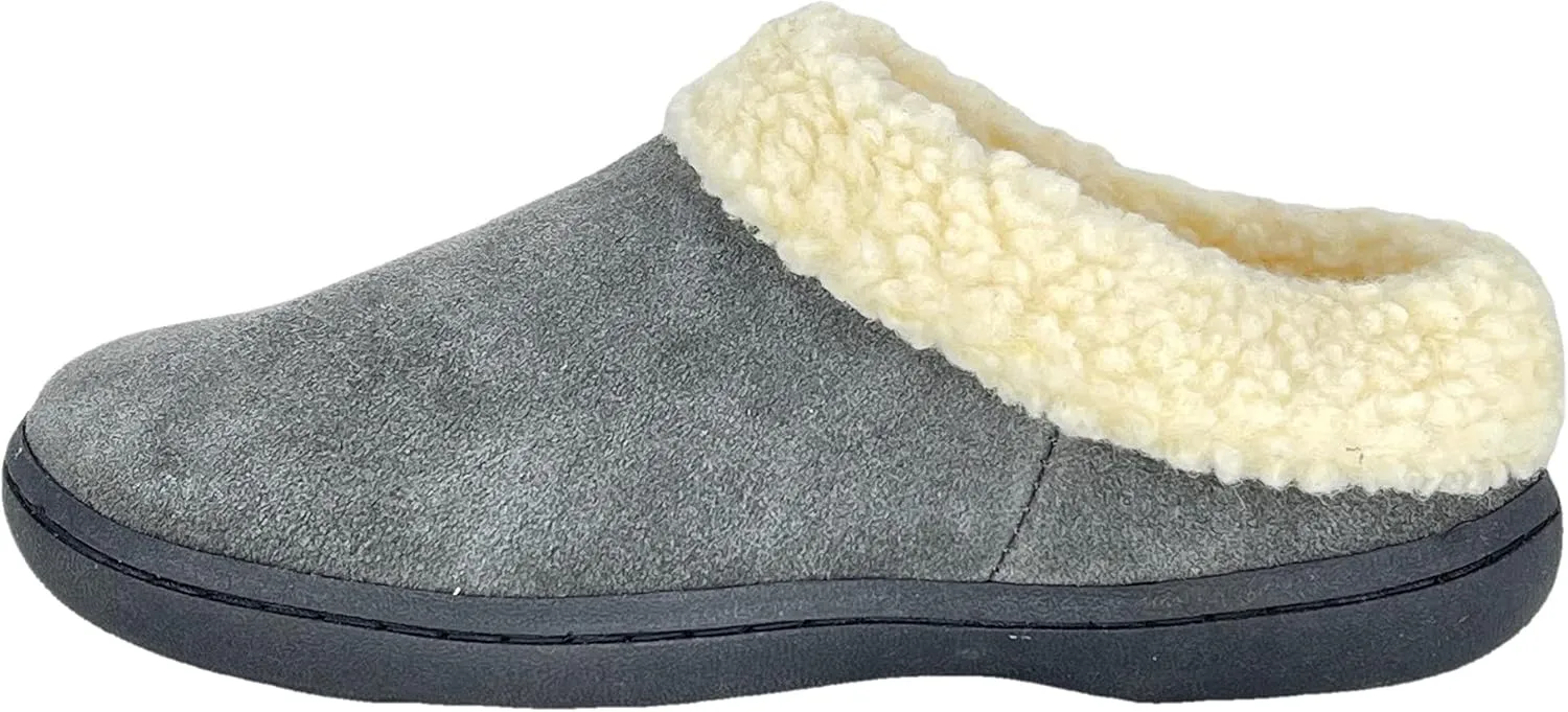 Clarks Womens Slipper Suede Leather With Faux Sherpa Collar JMH1894 - Plush Memory Foam Footbed - Indoor Outdoor House Slippers For Women