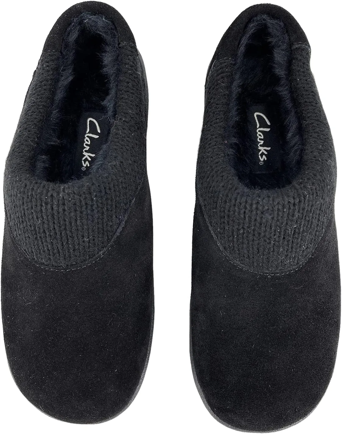 Clarks Womens Suede Slipper JMH2175 With Knit Collar - Soft Plush Faux Fur Lined - Indoor Outdoor House Slippers For Women