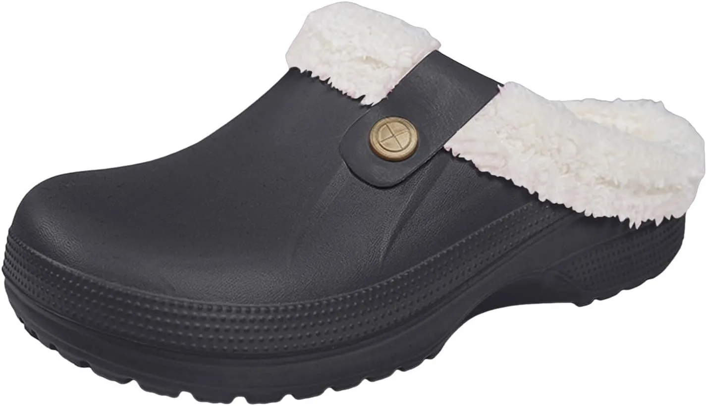 Clog Slippers for Women and Men Fur Lined Clogs Memory Foam Warm Fuzzy Slippers Winter Waterproof Indoor Outdoor Slipper