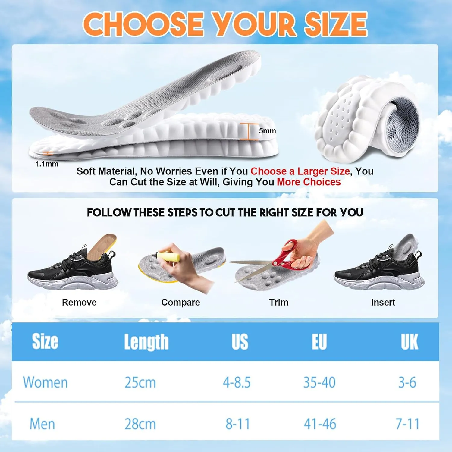 Cloud 4D Orthopedic Insoles for Men & Women - Plantar Fasciitis, Sports Shoes, Anti Fatigue, Shock Absorption, Foot Pain Relief (Black, 8-11)