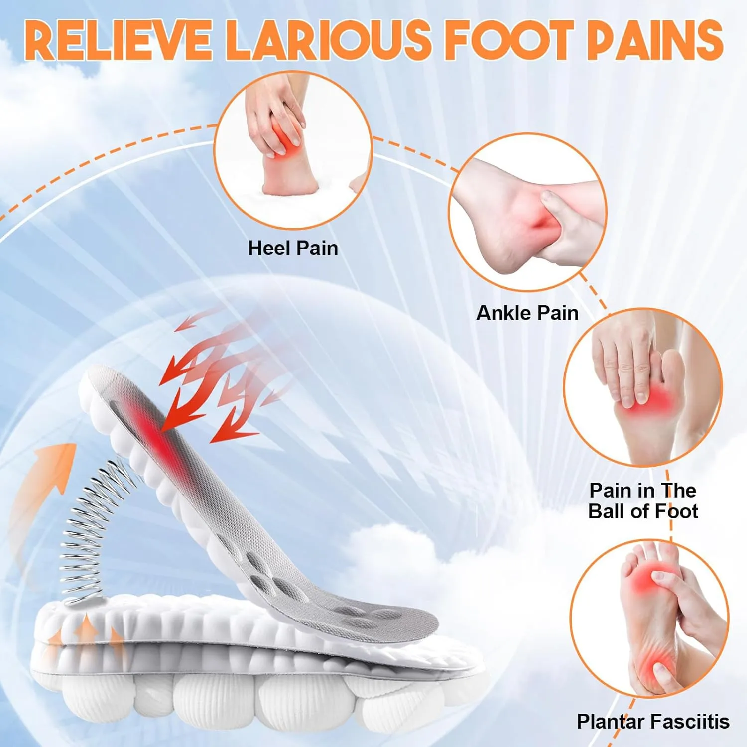 Cloud 4D Orthopedic Insoles for Men & Women - Plantar Fasciitis, Sports Shoes, Anti Fatigue, Shock Absorption, Foot Pain Relief (Black, 8-11)