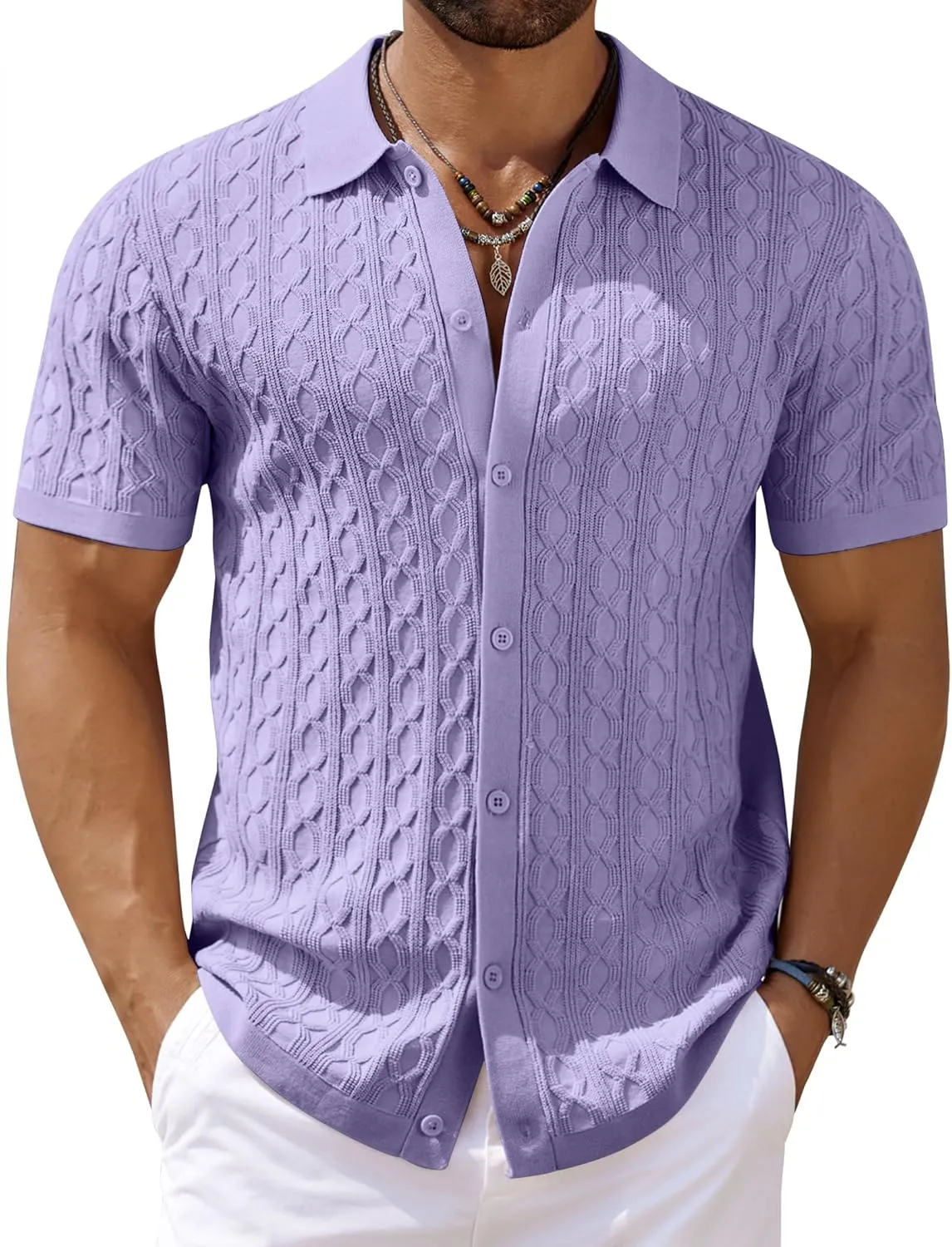 COOFANDY Men's Knit Short Sleeve Shirts Button Down Vintage Knitted Polo Shirt Casual Beach Crochet Cable Vacation Shirt
