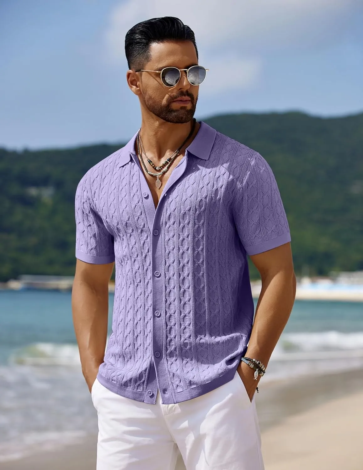 COOFANDY Men's Knit Short Sleeve Shirts Button Down Vintage Knitted Polo Shirt Casual Beach Crochet Cable Vacation Shirt