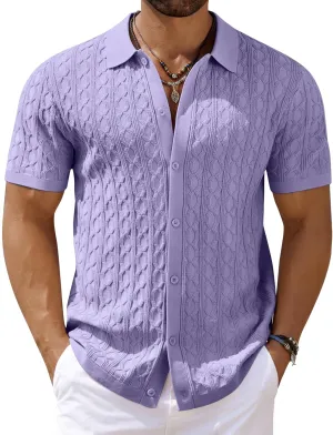 COOFANDY Men's Knit Short Sleeve Shirts Button Down Vintage Knitted Polo Shirt Casual Beach Crochet Cable Vacation Shirt