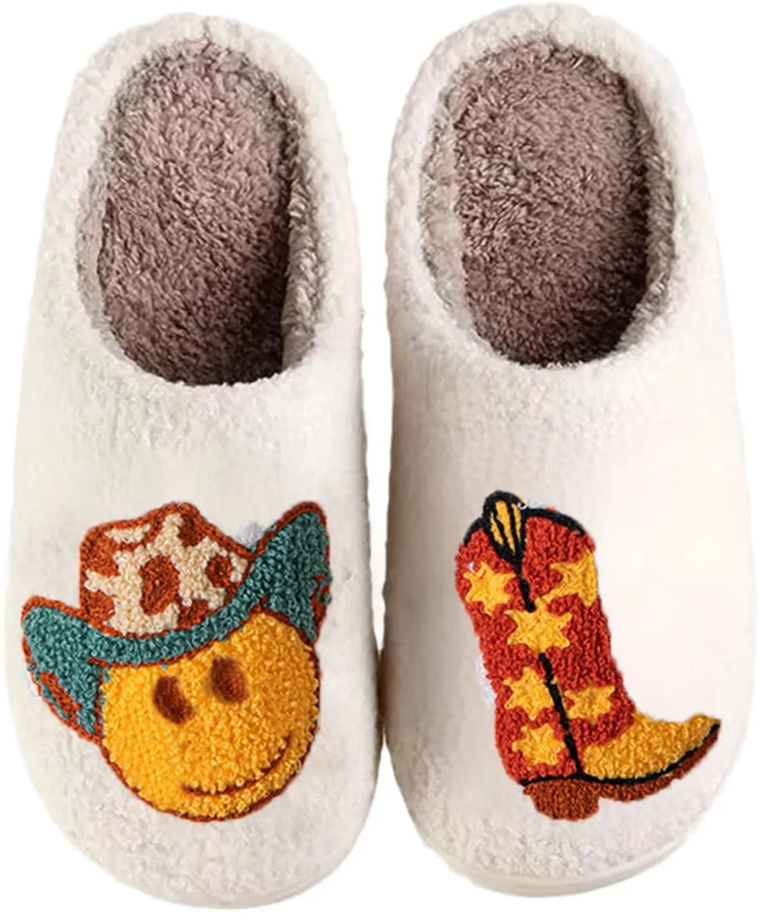Cowboy Cowgirl Hat Slippers For Women Men Smile Face Slipper Plush Comfy Retro Preppy Slippers Warm Fuzzy House Shoes
