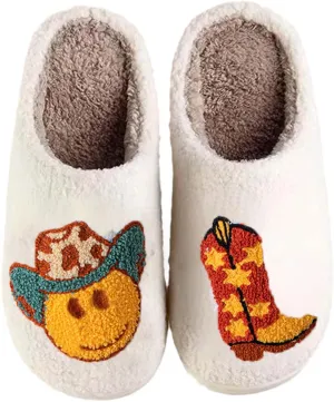Cowboy Cowgirl Hat Slippers For Women Men Smile Face Slipper Plush Comfy Retro Preppy Slippers Warm Fuzzy House Shoes