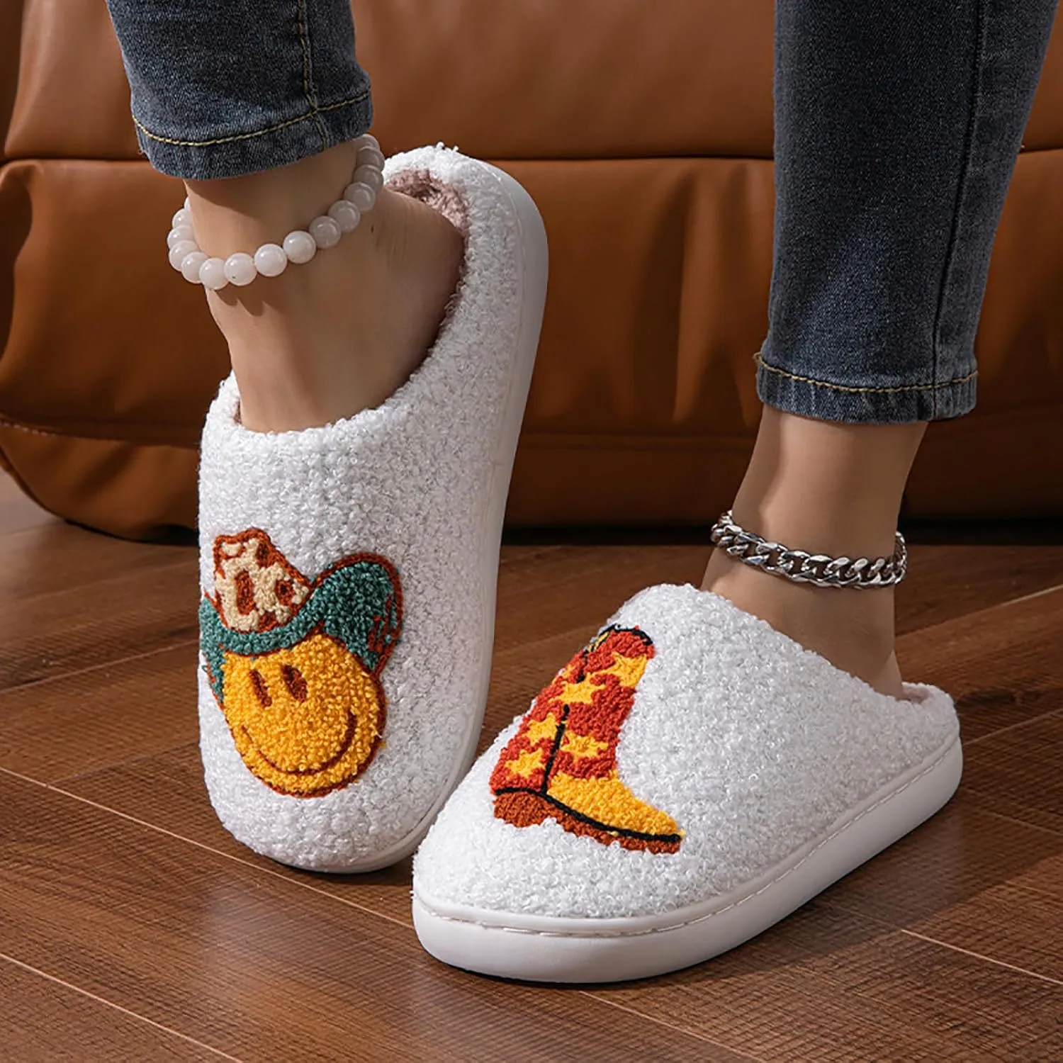 Cowboy Cowgirl Hat Slippers For Women Men Smile Face Slipper Plush Comfy Retro Preppy Slippers Warm Fuzzy House Shoes