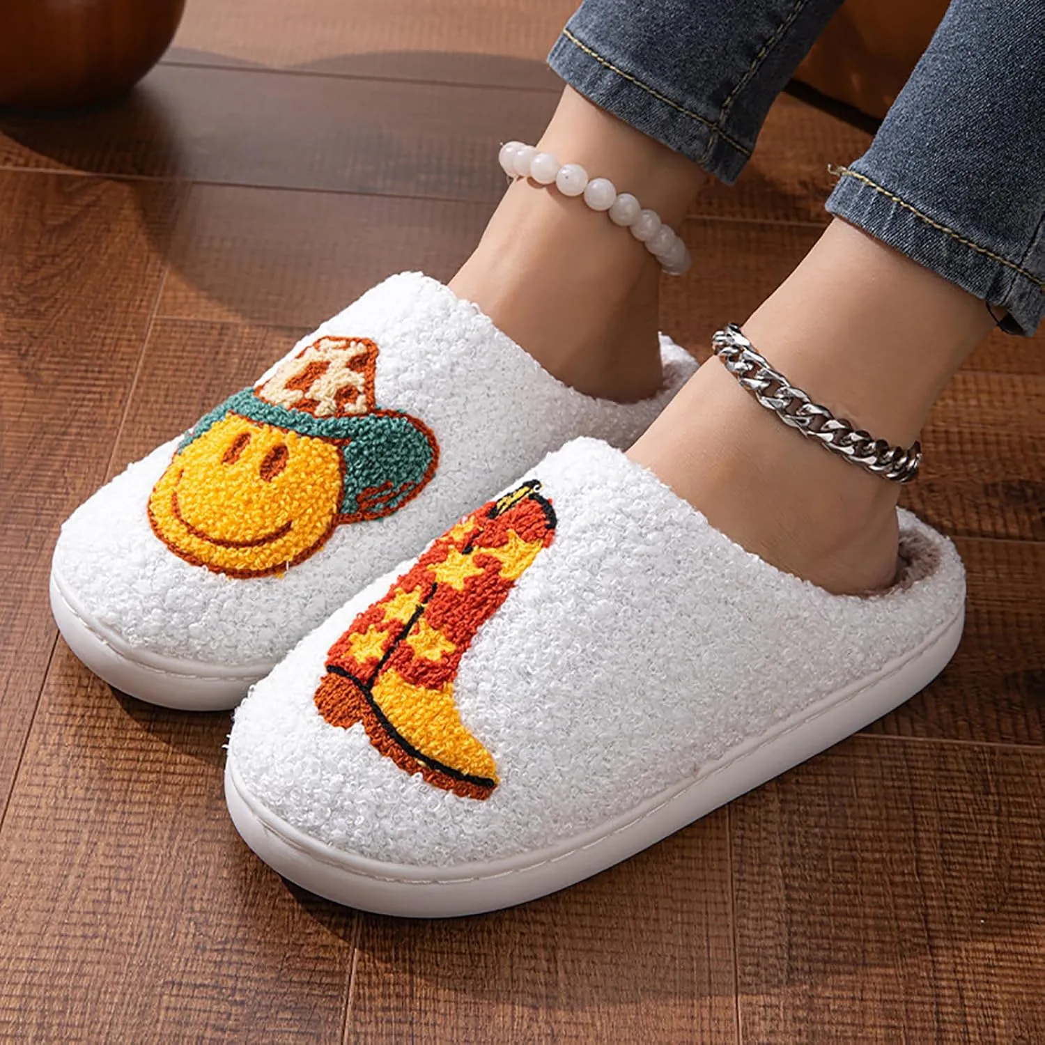 Cowboy Cowgirl Hat Slippers For Women Men Smile Face Slipper Plush Comfy Retro Preppy Slippers Warm Fuzzy House Shoes
