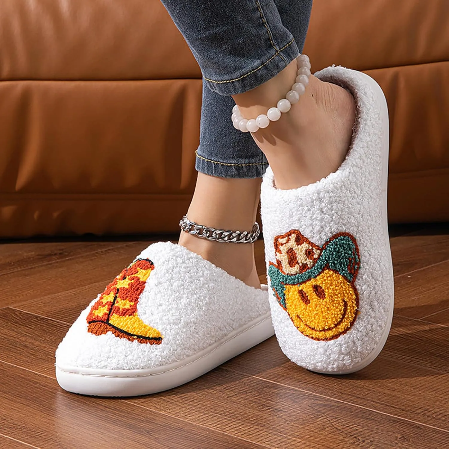 Cowboy Cowgirl Hat Slippers For Women Men Smile Face Slipper Plush Comfy Retro Preppy Slippers Warm Fuzzy House Shoes