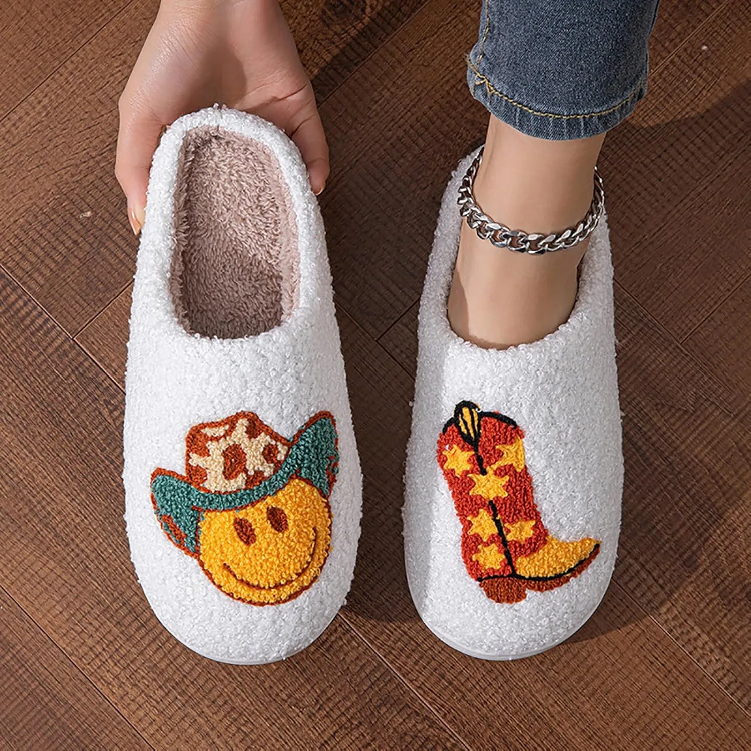 Cowboy Cowgirl Hat Slippers For Women Men Smile Face Slipper Plush Comfy Retro Preppy Slippers Warm Fuzzy House Shoes