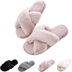 Cozy House Slippers for Women for Indoor and Outdoor Fuzzy Slip On Womens Slippers with Cross Band Open Toe Soft Plush Fleece House Shoes