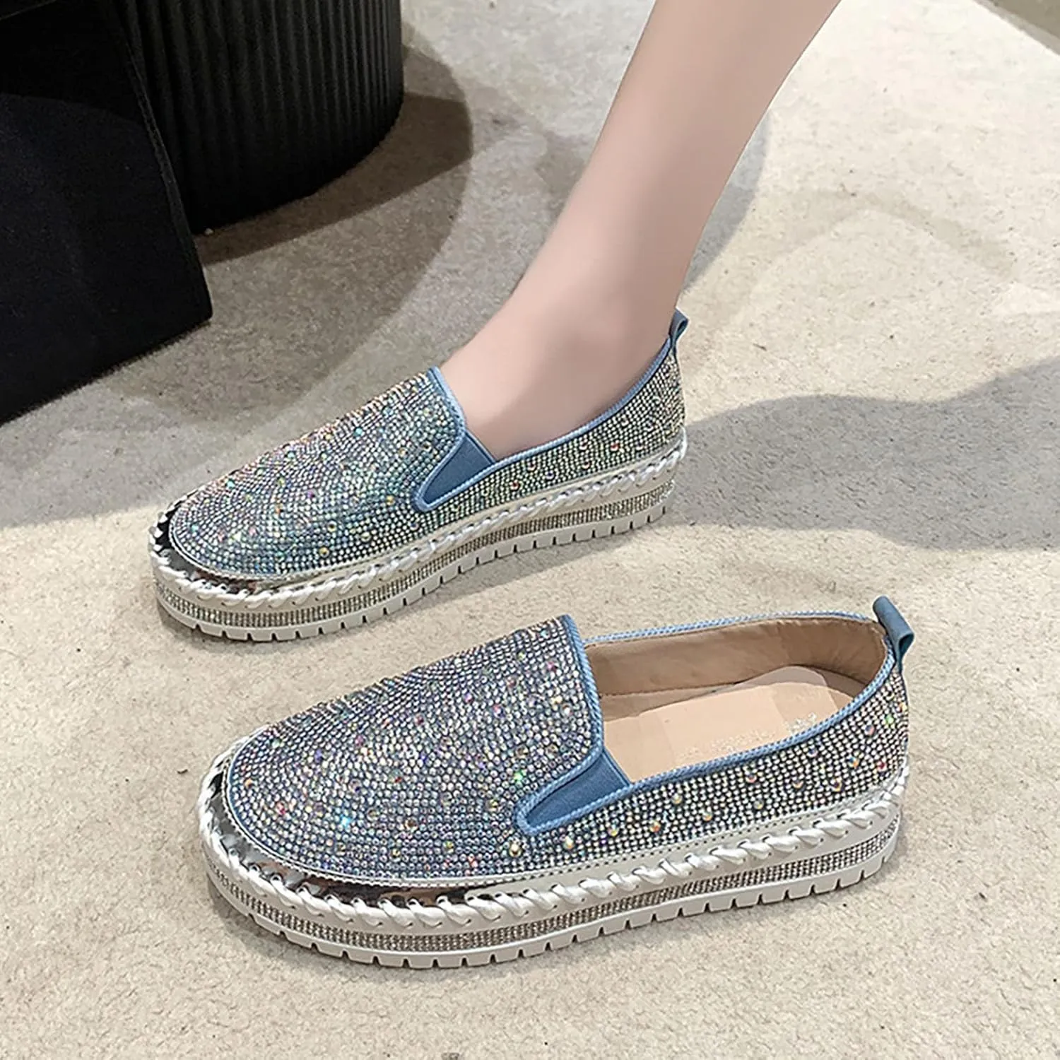 Crzidha Women's Platform Rhinestones Glitter Sneaker Bling Slip On Comfort Sneaker Flat Loafer Casual Shoes Sparkly Walking Round Toe Low Top Shoes Lightweight Breathable Non-Slip Fashion Dress Shoes