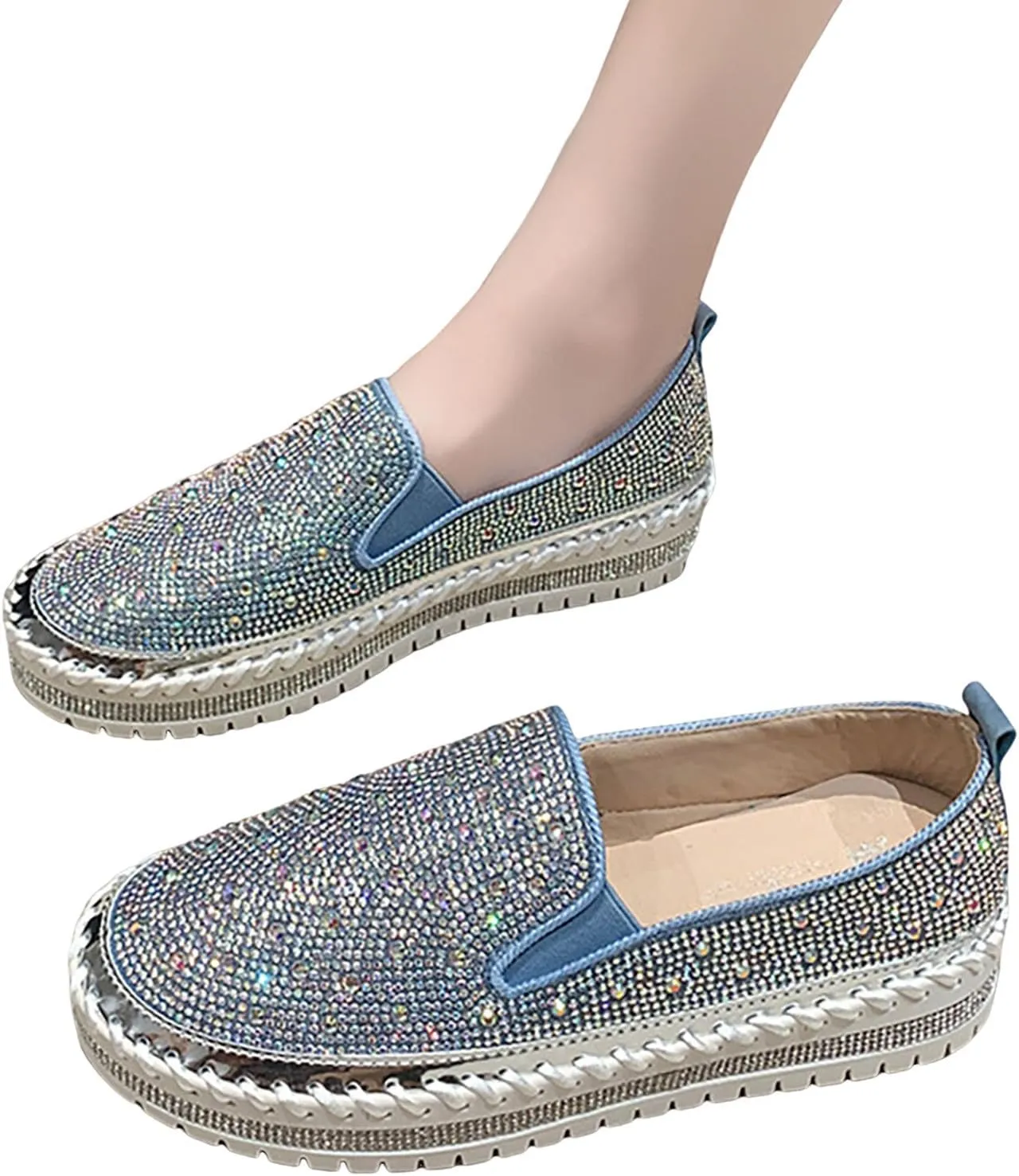 Crzidha Women's Platform Rhinestones Glitter Sneaker Bling Slip On Comfort Sneaker Flat Loafer Casual Shoes Sparkly Walking Round Toe Low Top Shoes Lightweight Breathable Non-Slip Fashion Dress Shoes