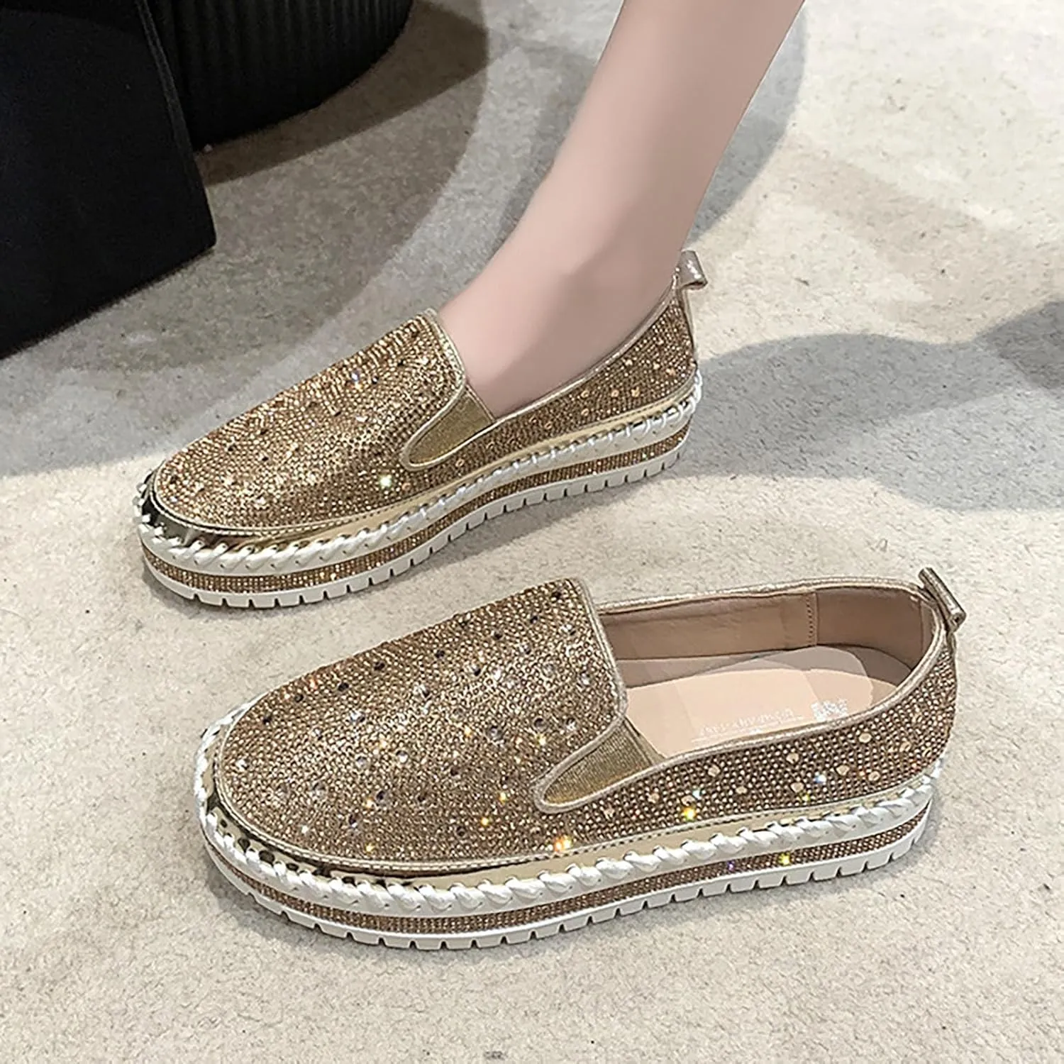 Crzidha Women's Platform Rhinestones Glitter Sneaker Bling Slip On Comfort Sneaker Flat Loafer Casual Shoes Sparkly Walking Round Toe Low Top Shoes Lightweight Breathable Non-Slip Fashion Dress Shoes