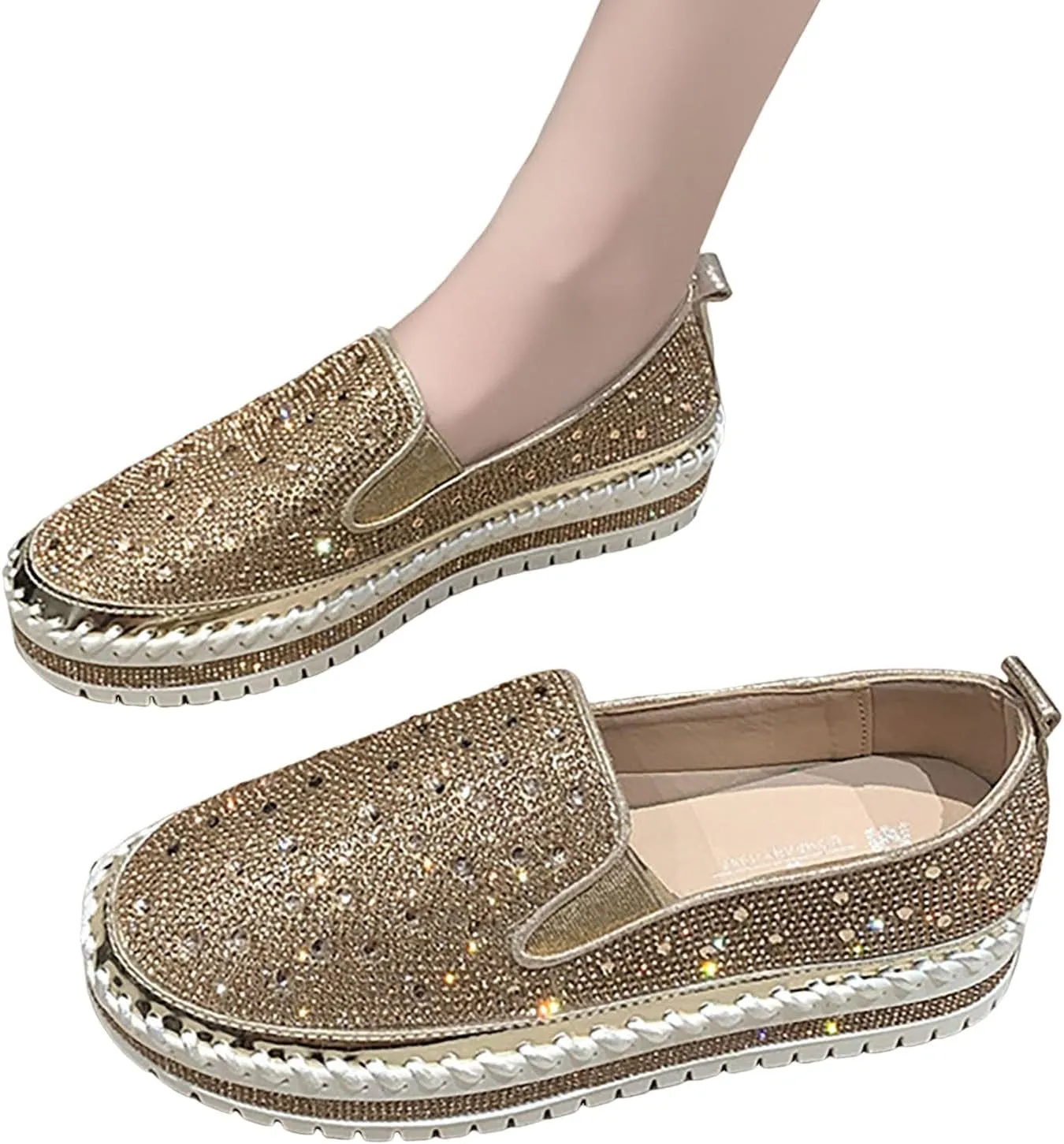 Crzidha Women's Platform Rhinestones Glitter Sneaker Bling Slip On Comfort Sneaker Flat Loafer Casual Shoes Sparkly Walking Round Toe Low Top Shoes Lightweight Breathable Non-Slip Fashion Dress Shoes