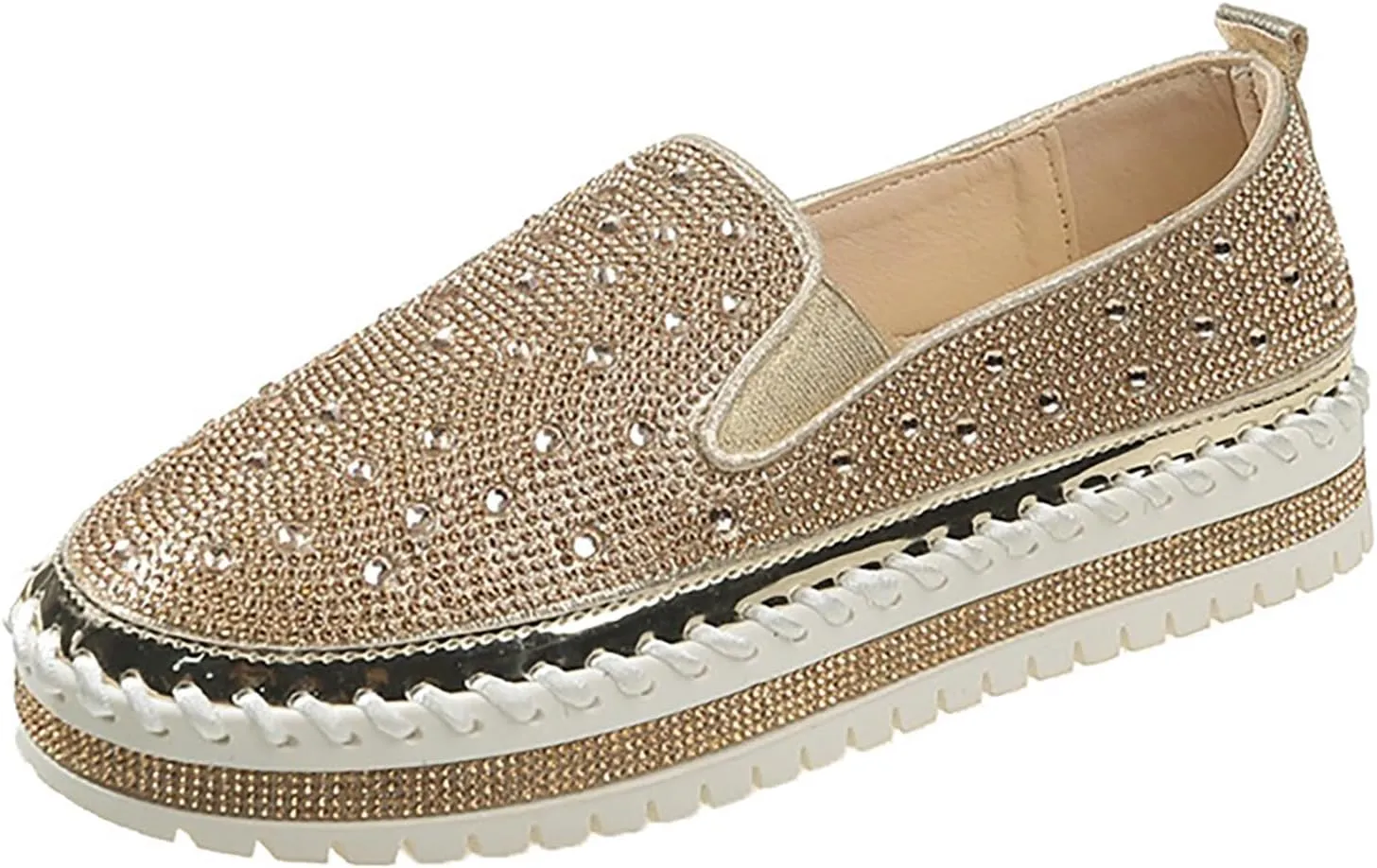 Crzidha Women's Platform Rhinestones Glitter Sneaker Bling Slip On Comfort Sneaker Flat Loafer Casual Shoes Sparkly Walking Round Toe Low Top Shoes Lightweight Breathable Non-Slip Fashion Dress Shoes