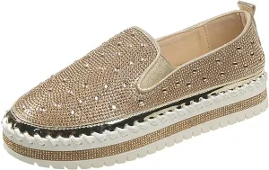 Crzidha Women's Platform Rhinestones Glitter Sneaker Bling Slip On Comfort Sneaker Flat Loafer Casual Shoes Sparkly Walking Round Toe Low Top Shoes Lightweight Breathable Non-Slip Fashion Dress Shoes