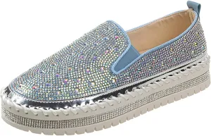 Crzidha Women's Platform Rhinestones Glitter Sneaker Bling Slip On Comfort Sneaker Flat Loafer Casual Shoes Sparkly Walking Round Toe Low Top Shoes Lightweight Breathable Non-Slip Fashion Dress Shoes