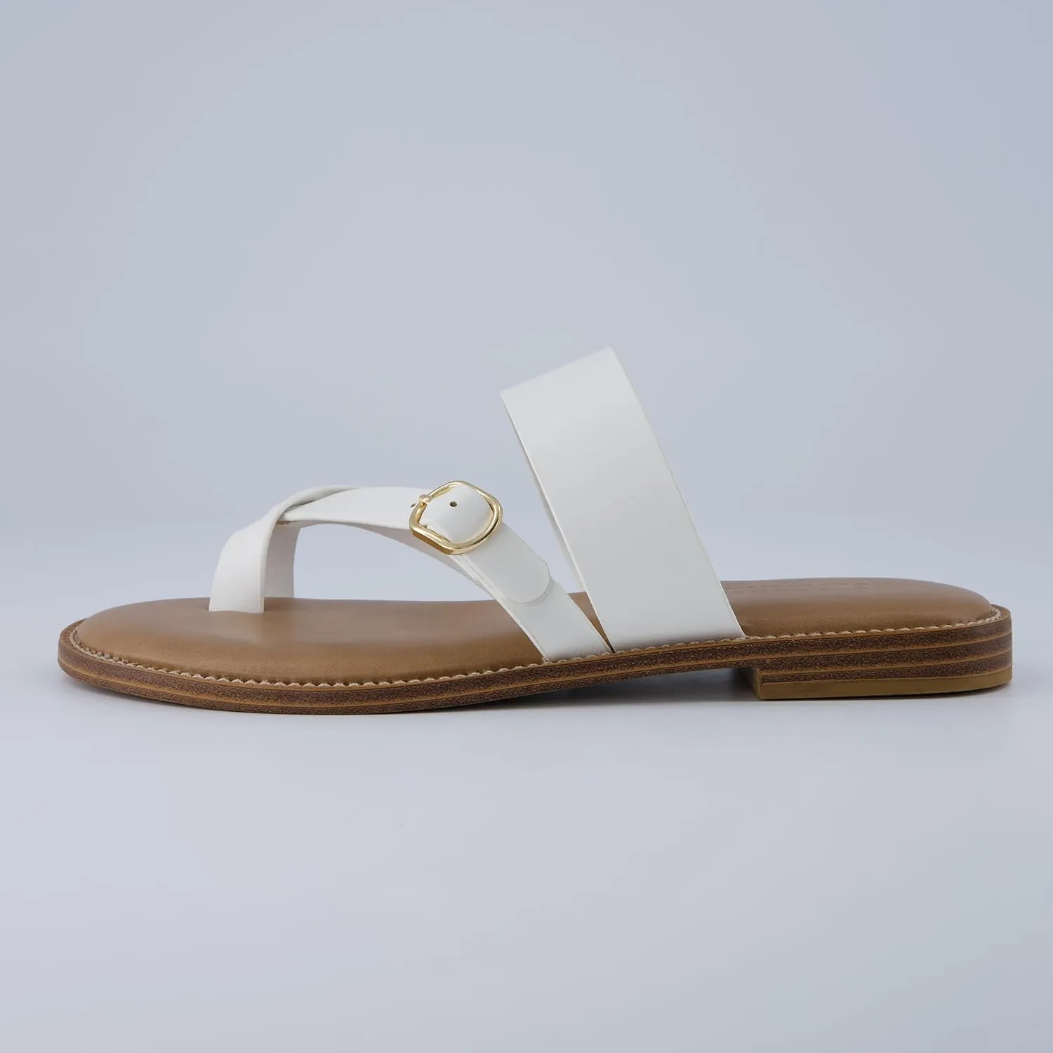 CUSHIONAIRE Laws Women’s Flat Sandal – Faux Leather Slip-On with Toe Loop, Adjustable Buckle & Cushioned Footbed