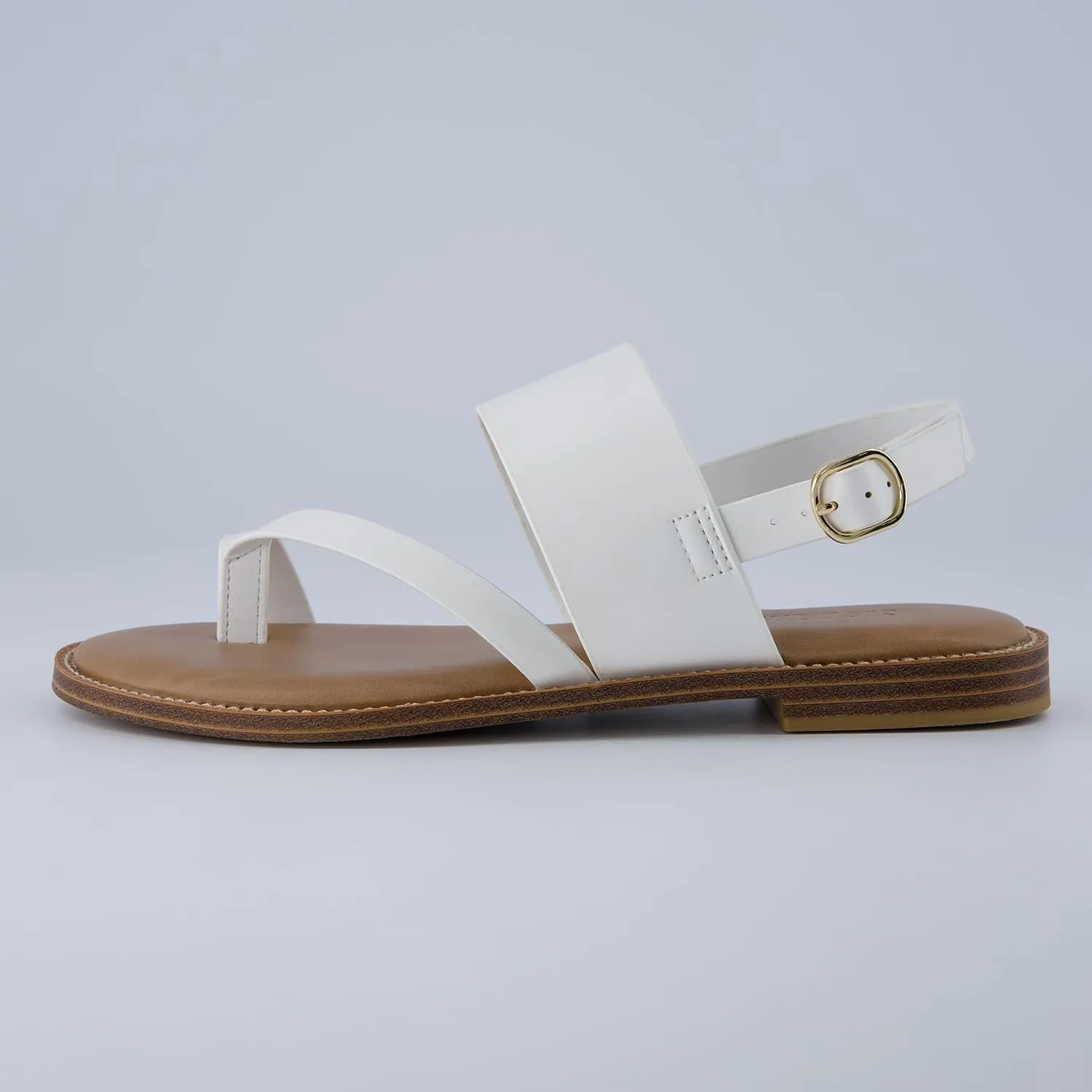CUSHIONAIRE Leader Women’s Strappy Sandal – Premium Faux Leather Toe Loop Flat with Adjustable Ankle Strap & Cushioned Footbed
