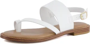 CUSHIONAIRE Leader Women’s Strappy Sandal – Premium Faux Leather Toe Loop Flat with Adjustable Ankle Strap & Cushioned Footbed