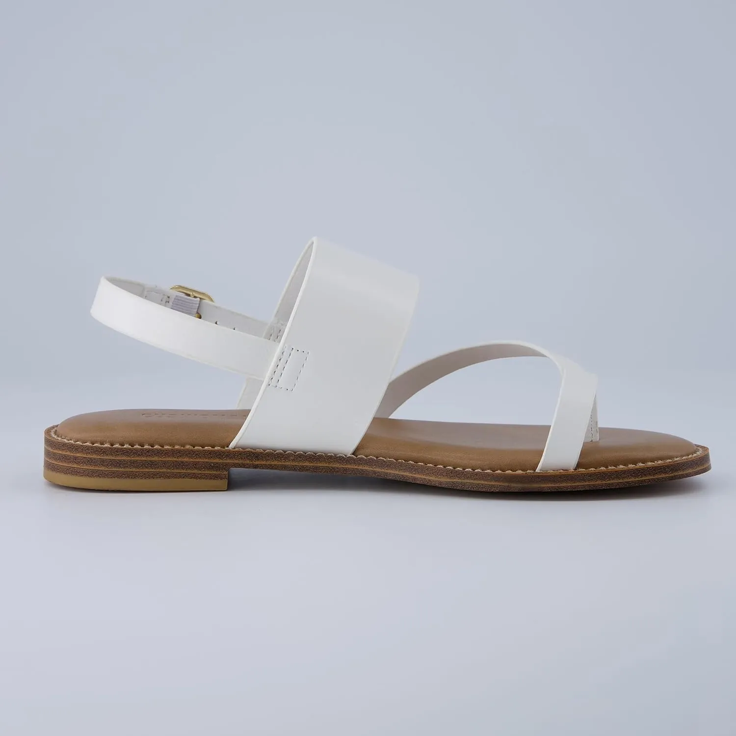 CUSHIONAIRE Leader Women’s Strappy Sandal – Premium Faux Leather Toe Loop Flat with Adjustable Ankle Strap & Cushioned Footbed