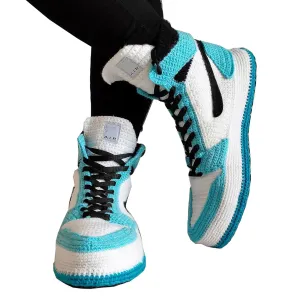 Custom Handmade Turquoise High-Top Sneaker Slippers, Organic Cotton Wool, Basketball-Inspired, Unisex, Breathable Comfort Plush Soft Shoes, Warm Cozy Travel Sneakers Big Size Boots