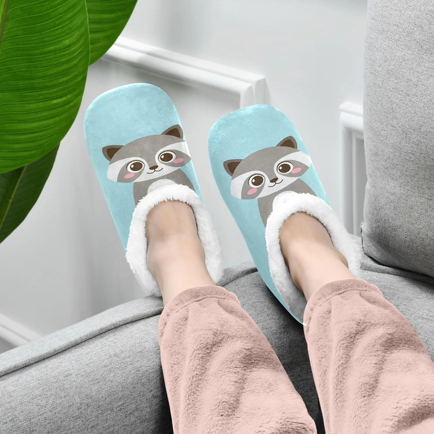Cute Happy Raccoon Boy Indoor House Slippers Spa Winter Slipper Home Slippers Soft Memory Foam Slipper Non Slip for Travel Hotel Bedroom Shoes M