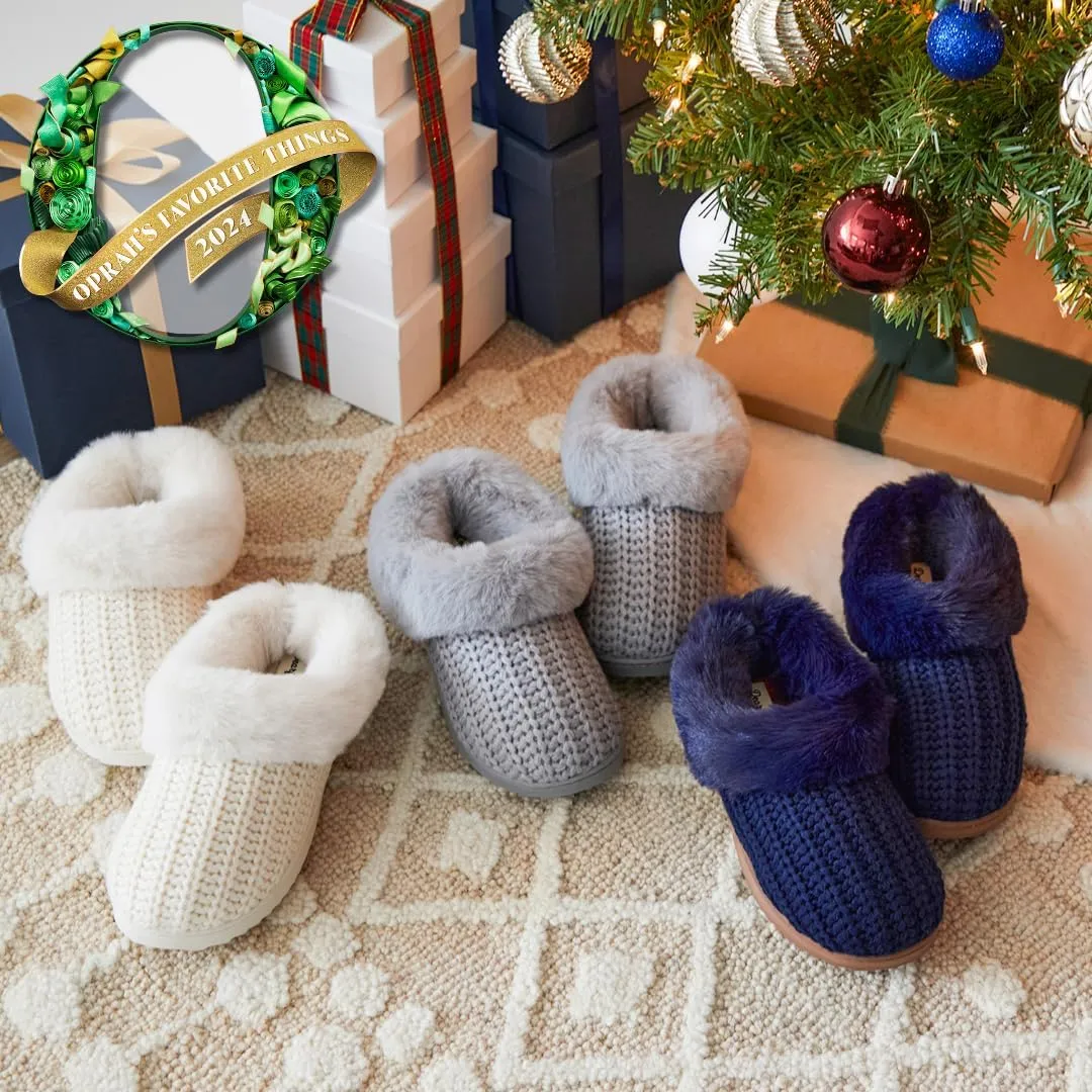 Dearfoams Gifts for Women, Mom, Sister, Wife - Fuzzy Fluffy Memory Foam Slipper - Hannah Knit Clog House Shoe House Slipper