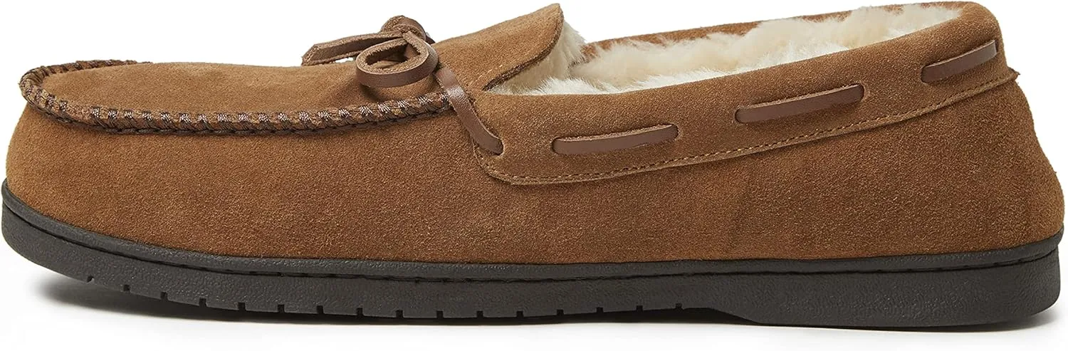 Dearfoams Men's Hudson Genuine Suede Memory Foam Moccasin Slipper with Tie