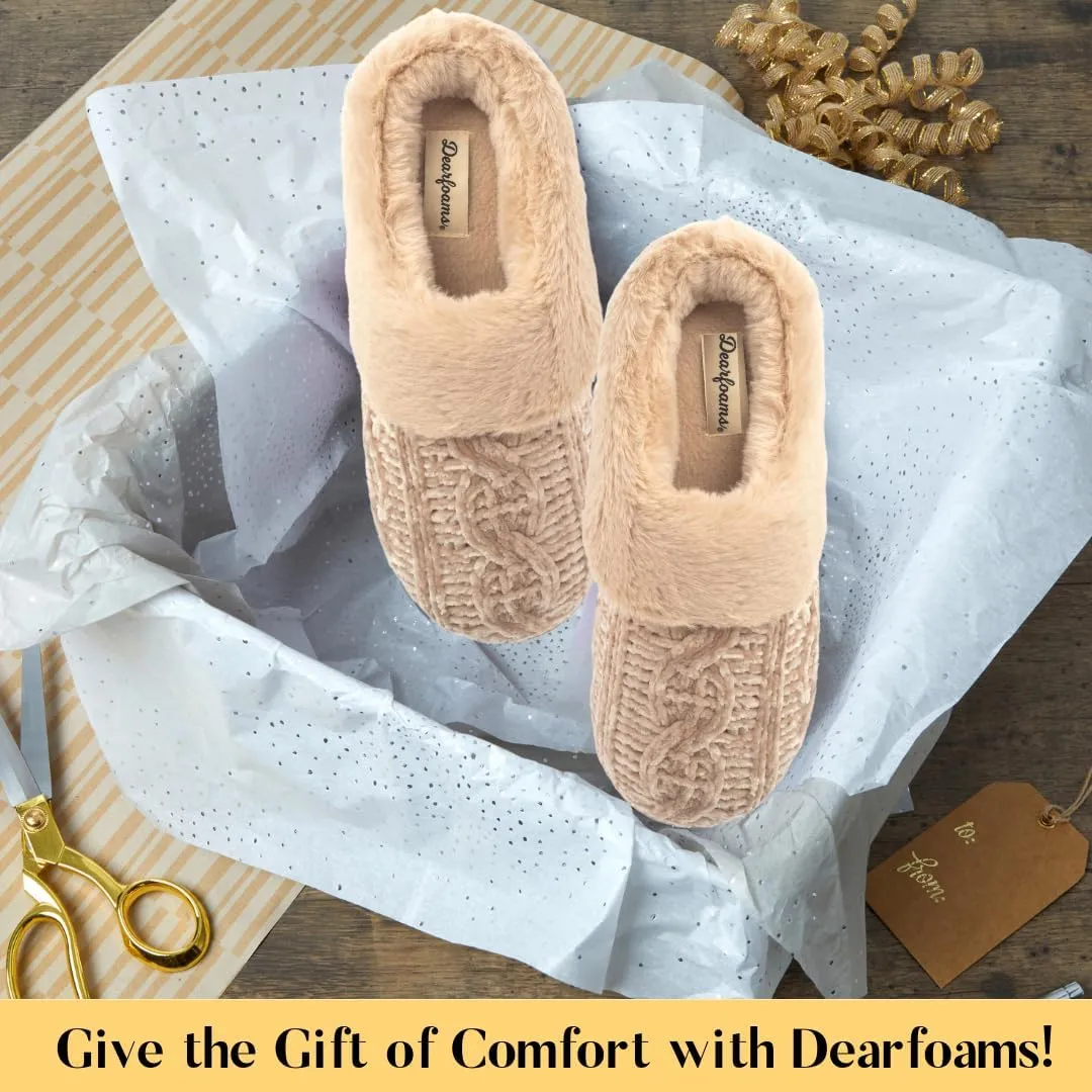 Dearfoams Women's Fuzzy Memory Foam Cable Knit Claire Clog House Slipper with Wide Widths