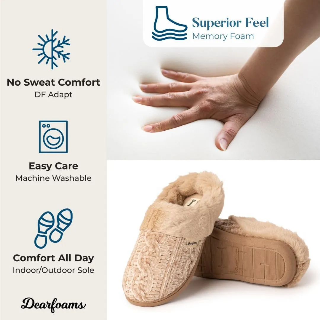Dearfoams Women's Fuzzy Memory Foam Cable Knit Claire Clog House Slipper with Wide Widths