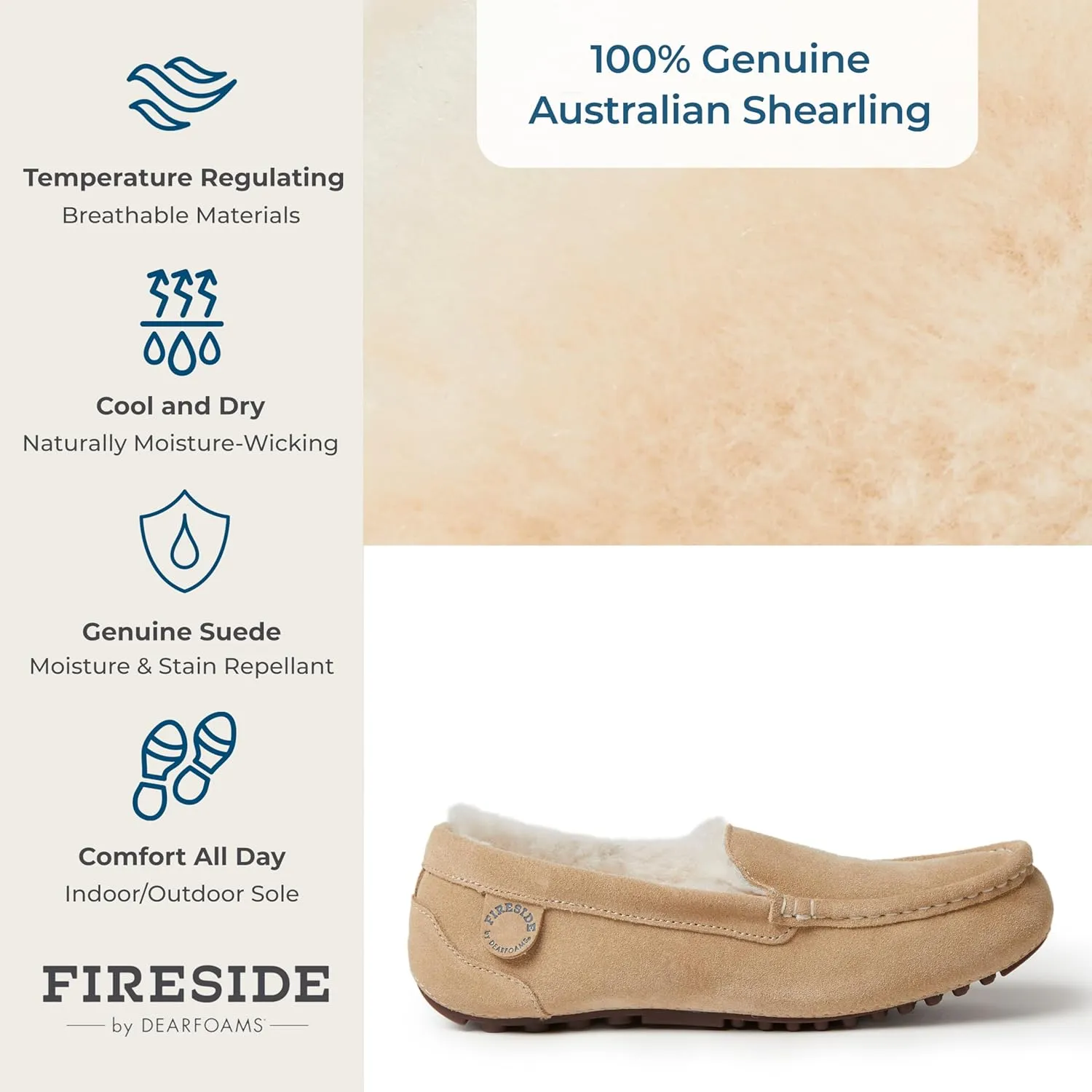 Dearfoams Women's Moccasin Slipper - Fireside Mel Indoor House Shoe with Genuine Shearling and Cozy Memeory Foam