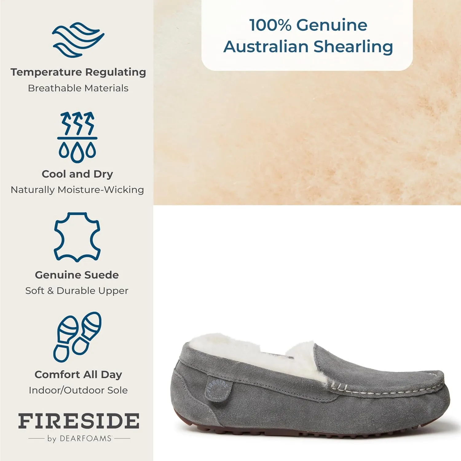 Dearfoams Women's Moccasin Slipper - Fireside Mel Indoor House Shoe with Genuine Shearling and Cozy Memeory Foam