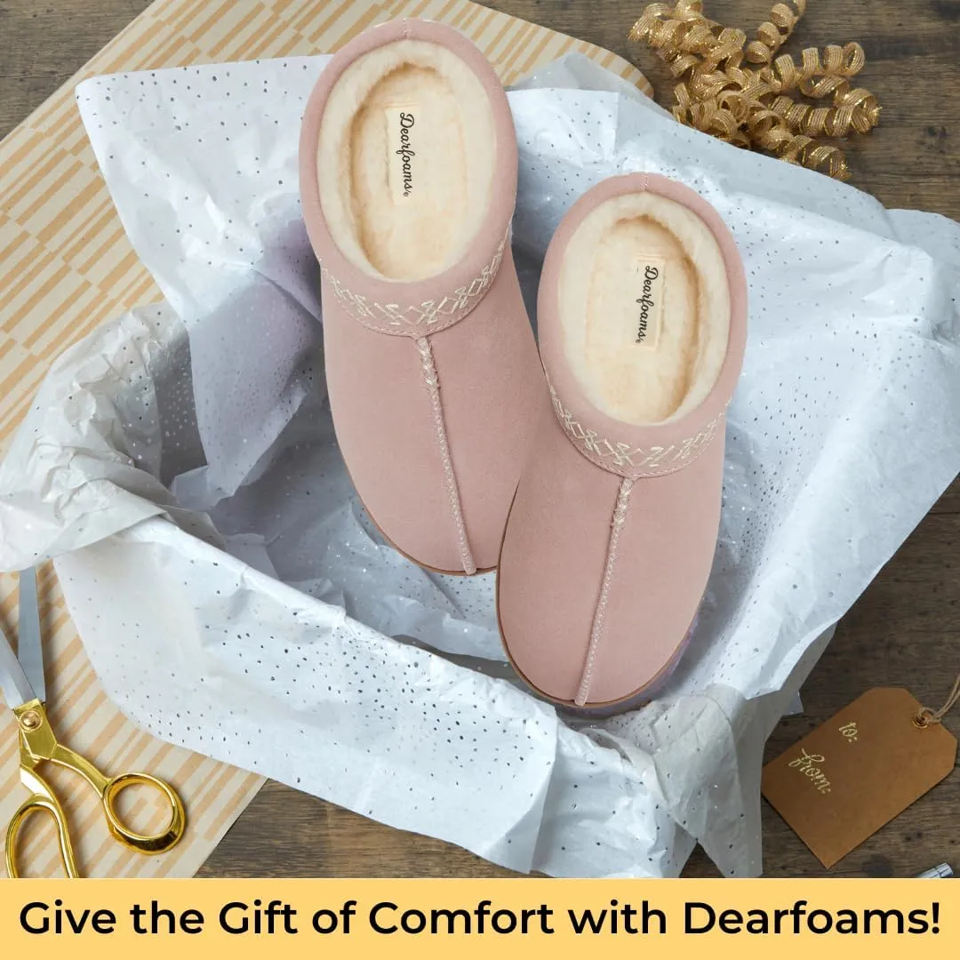 Dearfoams Women's Suede Indoor Outdoor Slip on Memory Foam House Doreen Clog Slippers