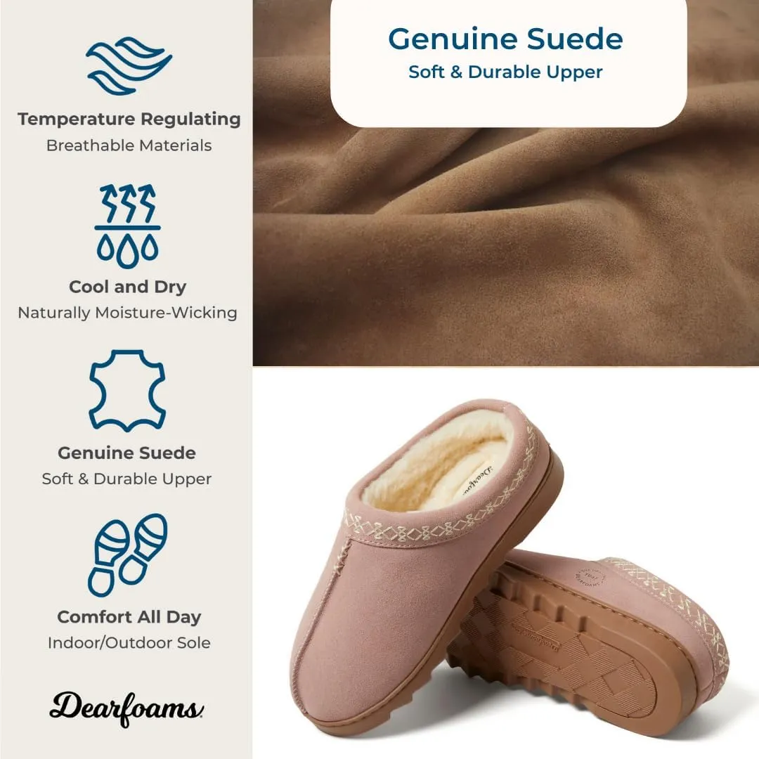 Dearfoams Women's Suede Indoor Outdoor Slip on Memory Foam House Doreen Clog Slippers