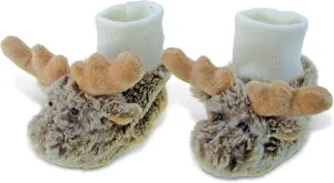 DolliBu Brown Moose Soft Plush Baby Shoes - Soft & Fluffy Wild Life Fleece Unisex Footwear with Stuffed Animal Moose for Baby Boy or Girl - Fuzzy Indoor Slipper, Winter Foot Warmer - One Size