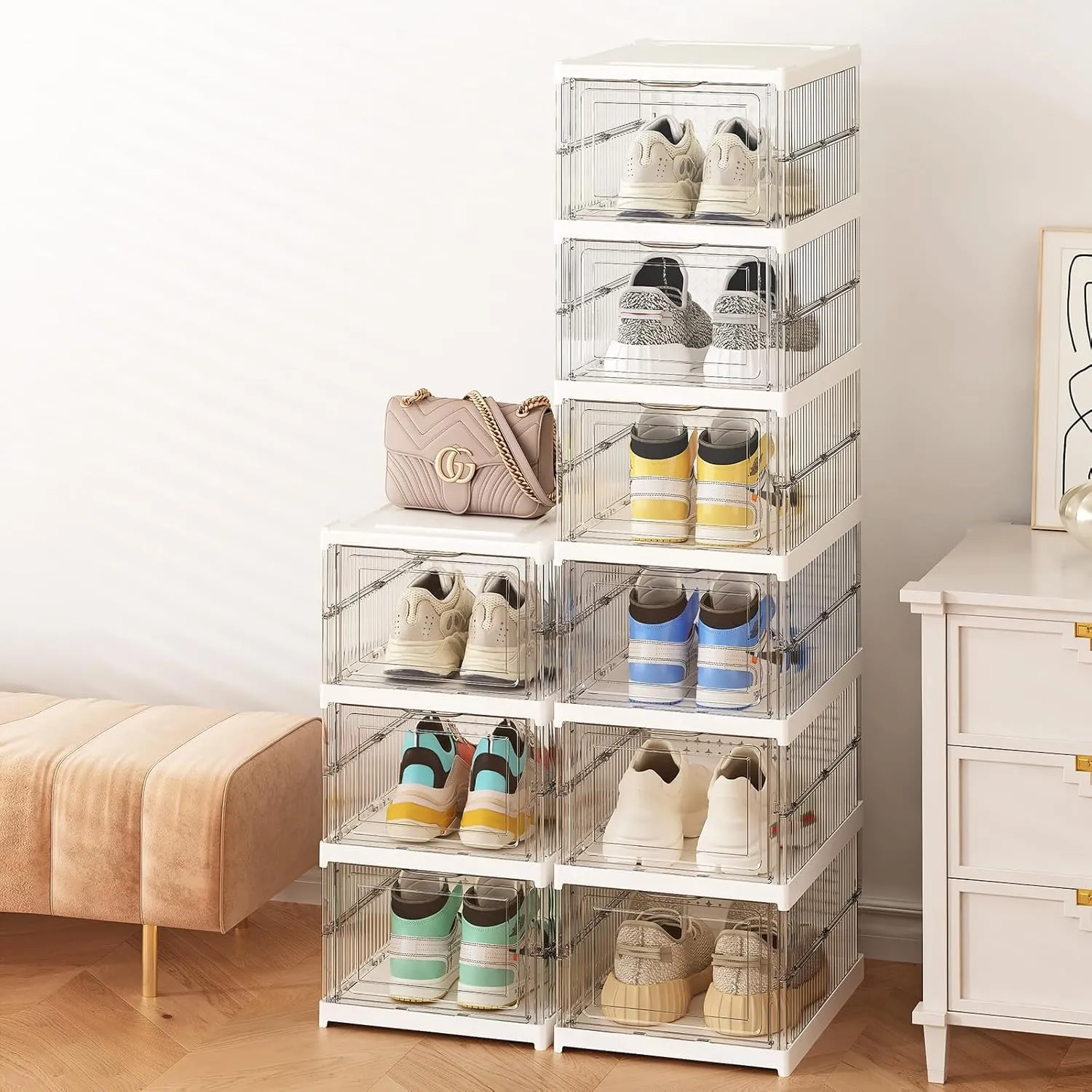 Drop Front Shoe Storage Box, No Assembly Stackable Shoe Organizer Storage Bin with Door, Free Standing Shoe Shelf Cabinet with Lid, Plastic Shoe Rack for Closet Entryway