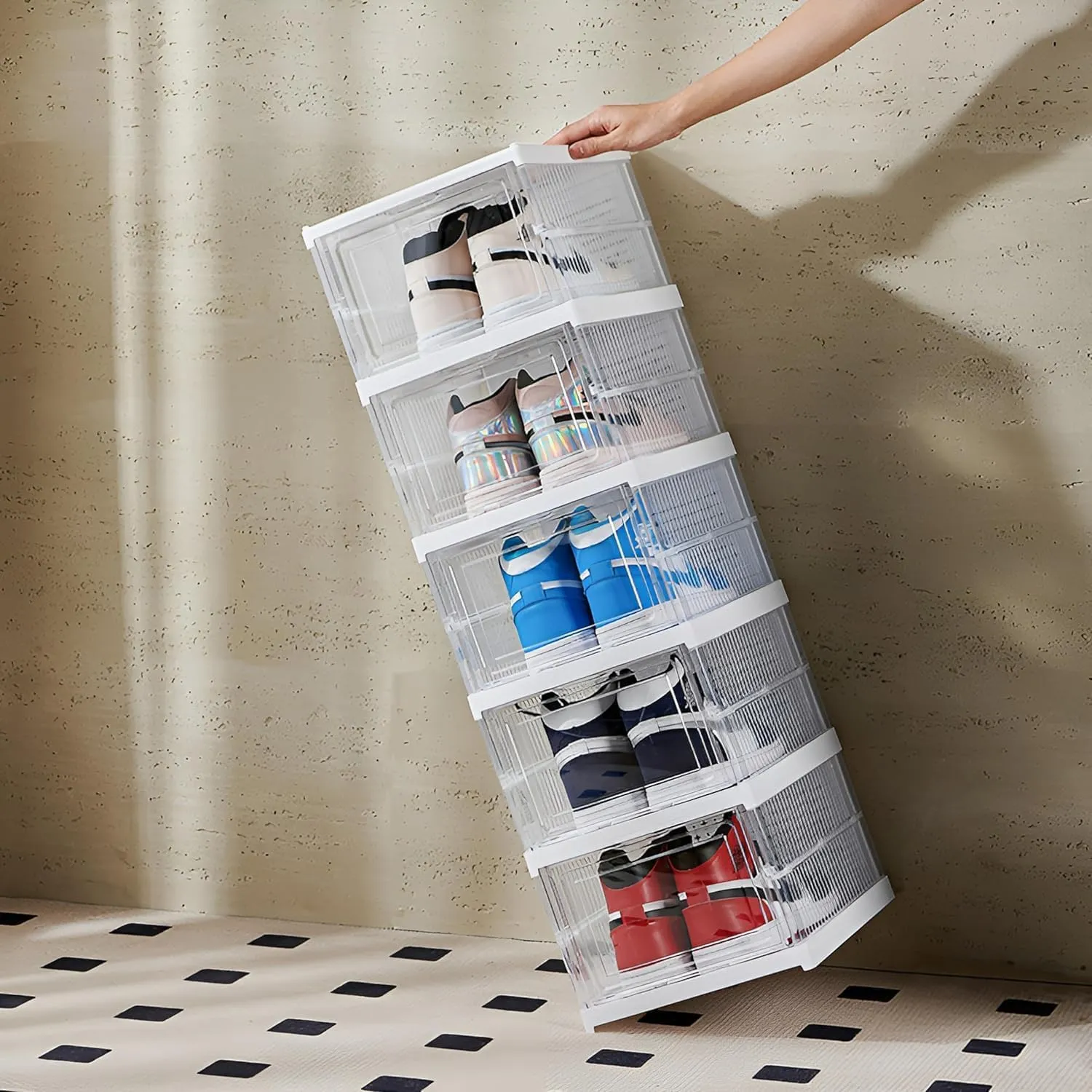 Drop Front Shoe Storage Box, No Assembly Stackable Shoe Organizer Storage Bin with Door, Free Standing Shoe Shelf Cabinet with Lid, Plastic Shoe Rack for Closet Entryway