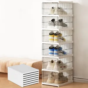 Drop Front Shoe Storage Box, No Assembly Stackable Shoe Organizer Storage Bin with Door, Free Standing Shoe Shelf Cabinet with Lid, Plastic Shoe Rack for Closet Entryway