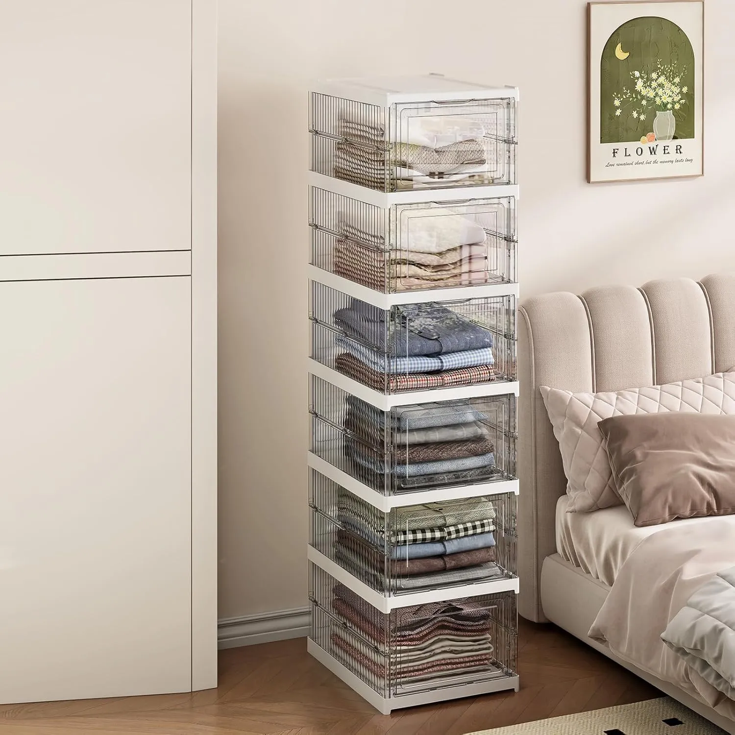 Drop Front Shoe Storage Box, No Assembly Stackable Shoe Organizer Storage Bin with Door, Free Standing Shoe Shelf Cabinet with Lid, Plastic Shoe Rack for Closet Entryway