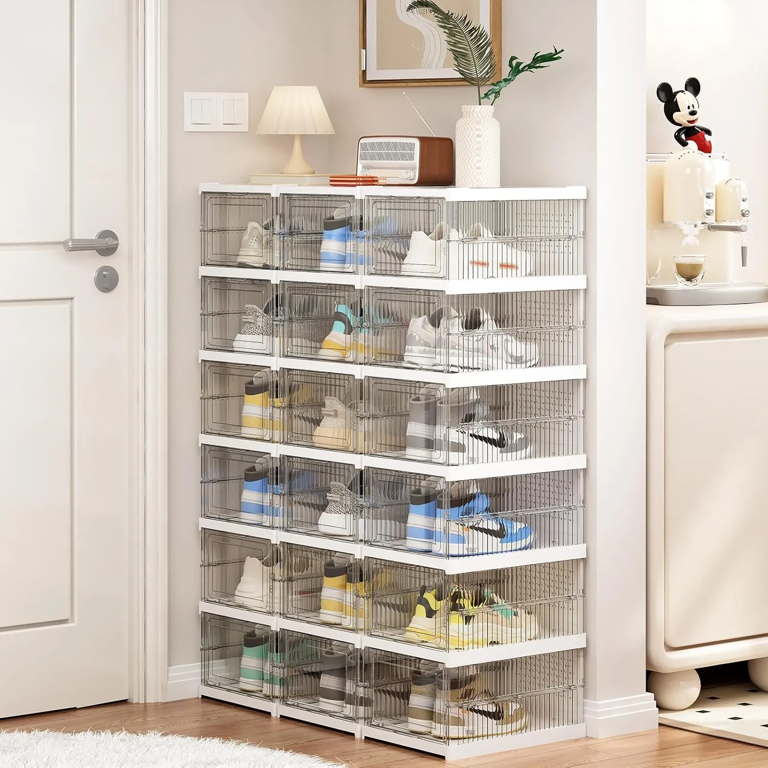 Drop Front Shoe Storage Box, No Assembly Stackable Shoe Organizer Storage Bin with Door, Free Standing Shoe Shelf Cabinet with Lid, Plastic Shoe Rack for Closet Entryway