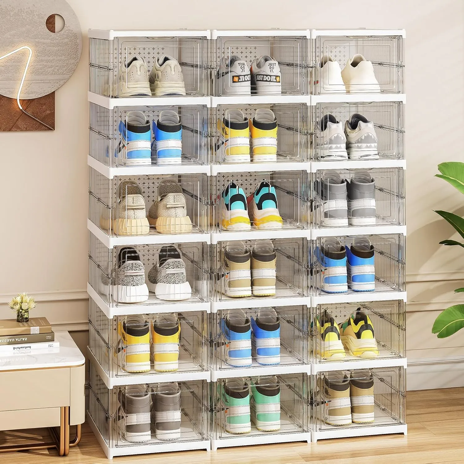 Drop Front Shoe Storage Box, No Assembly Stackable Shoe Organizer Storage Bin with Door, Free Standing Shoe Shelf Cabinet with Lid, Plastic Shoe Rack for Closet Entryway