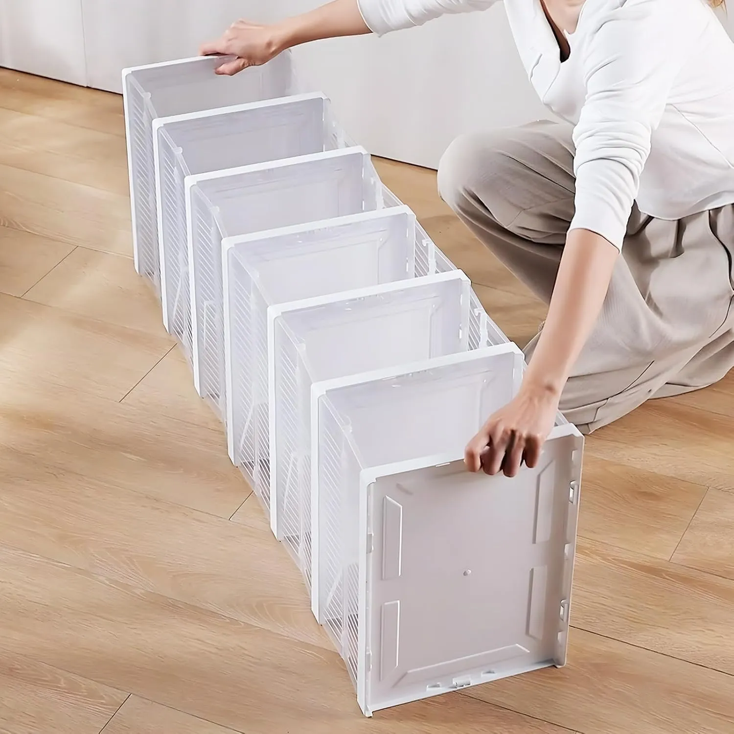 Drop Front Shoe Storage Box, No Assembly Stackable Shoe Organizer Storage Bin with Door, Free Standing Shoe Shelf Cabinet with Lid, Plastic Shoe Rack for Closet Entryway