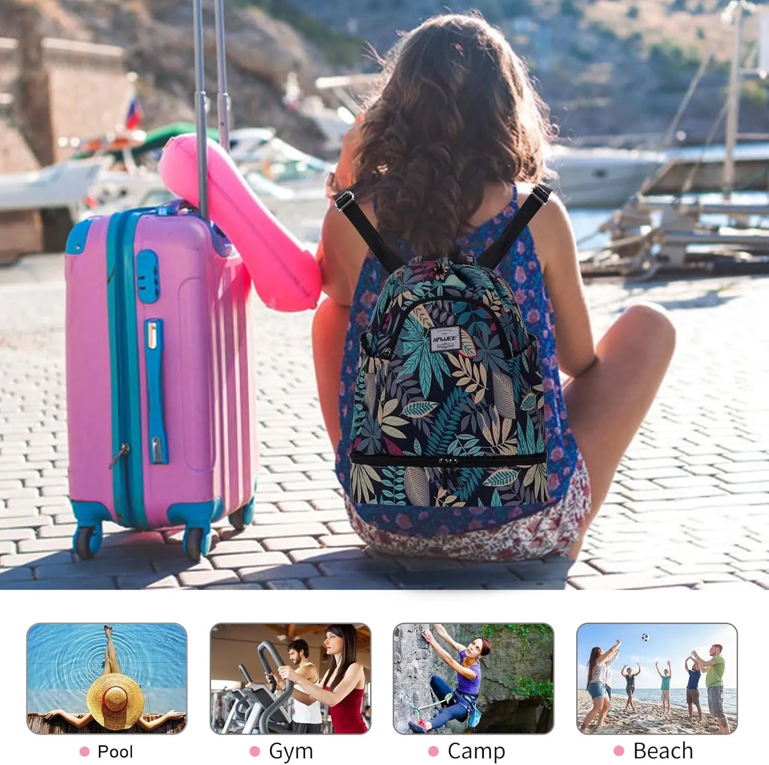 Dry Wet Drawstring Backpack with Shoe Compartment for Women Adjustable Gym Bag
