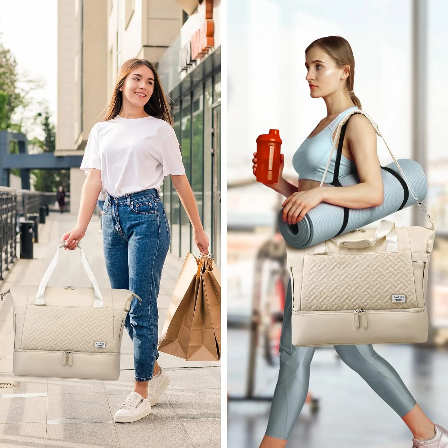 Duffle Bag for Travel, Weekender Bag with Shoe Compartment, Carry On Overnight Bag for Women with Toiletry Bag, Gym Bag with Wet Pocket, Hospital Bags for Labor and Delivery Beige