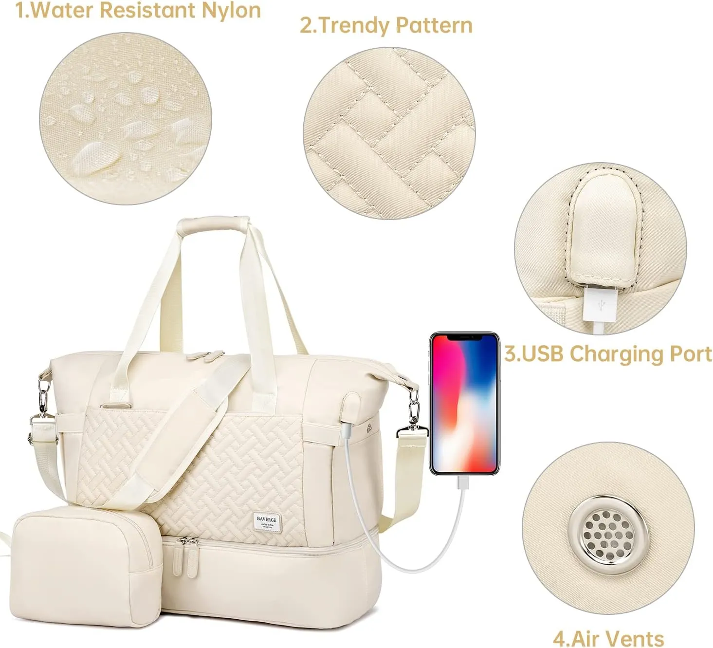 Duffle Bag for Travel, Weekender Bag with Shoe Compartment, Carry On Overnight Bag for Women with Toiletry Bag, Gym Bag with Wet Pocket, Hospital Bags for Labor and Delivery Beige