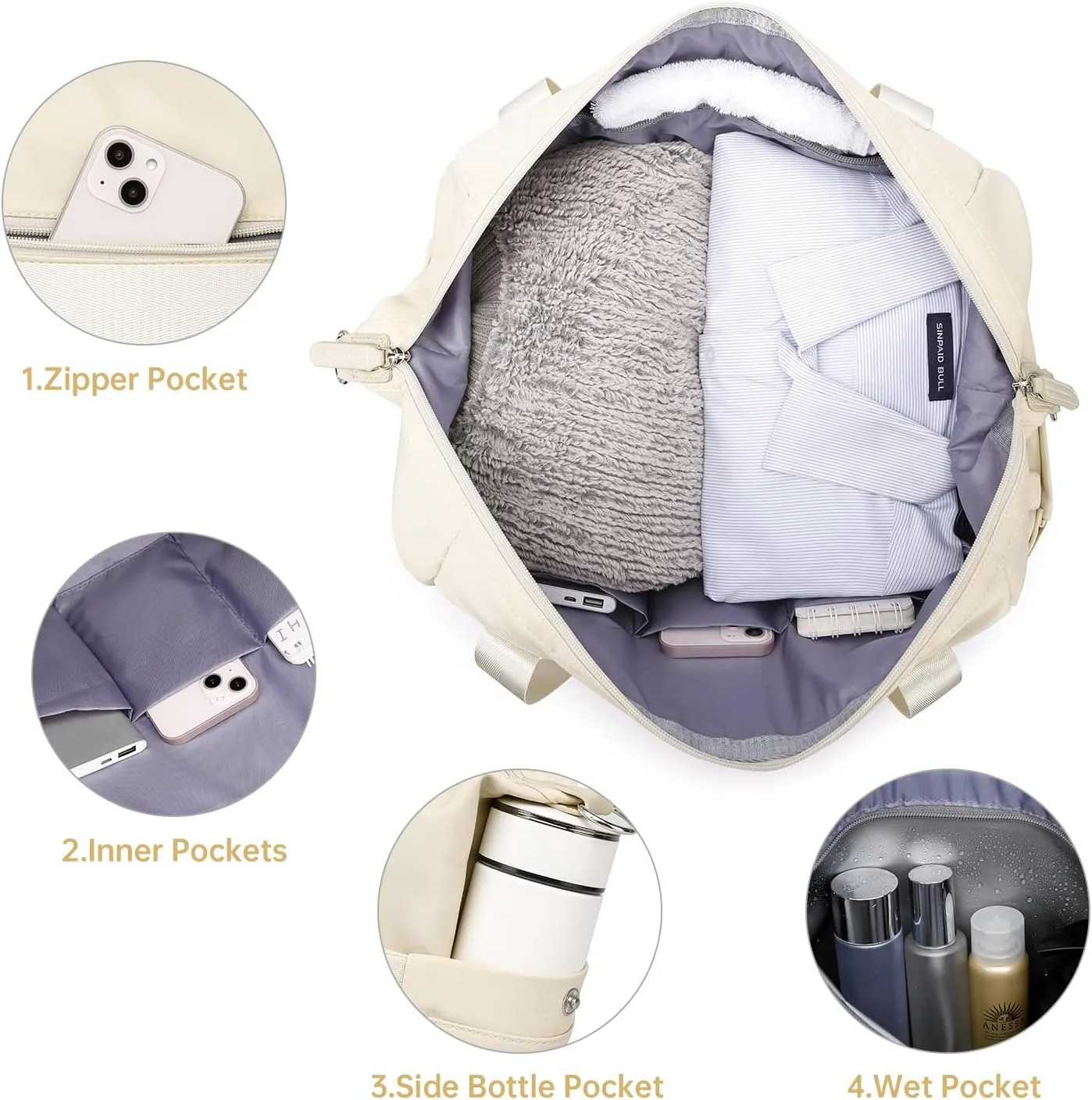 Duffle Bag for Travel, Weekender Bag with Shoe Compartment, Carry On Overnight Bag for Women with Toiletry Bag, Gym Bag with Wet Pocket, Hospital Bags for Labor and Delivery Beige